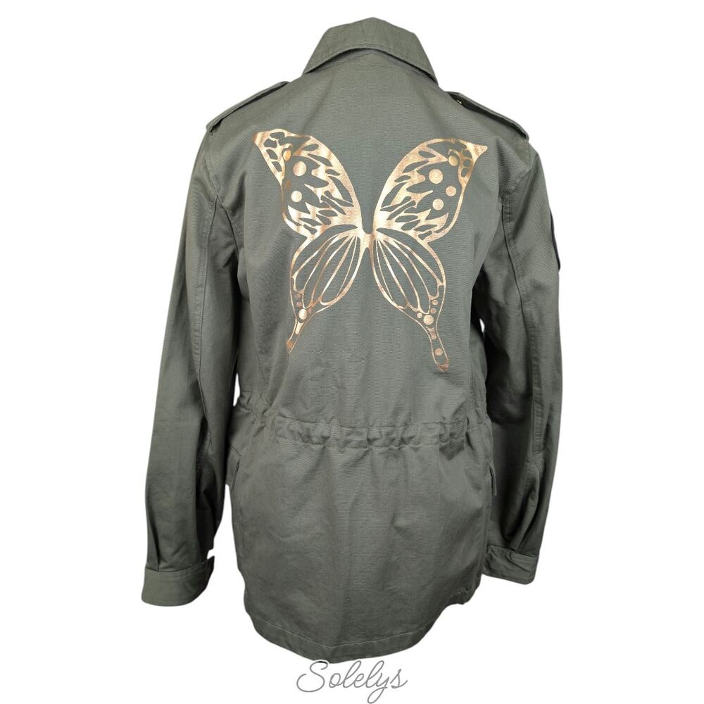 Zadig & Voltaire Kayak Green Gold Butterfly Cotton Cargo Utility Jacket XS NWT